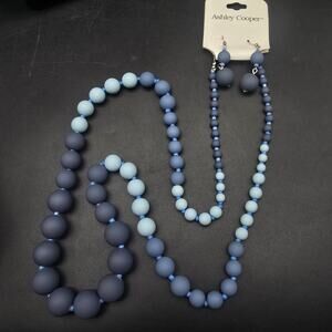 Ashley Cooper Matte Blue Beaded Rubber Necklace Earrings Set NWT